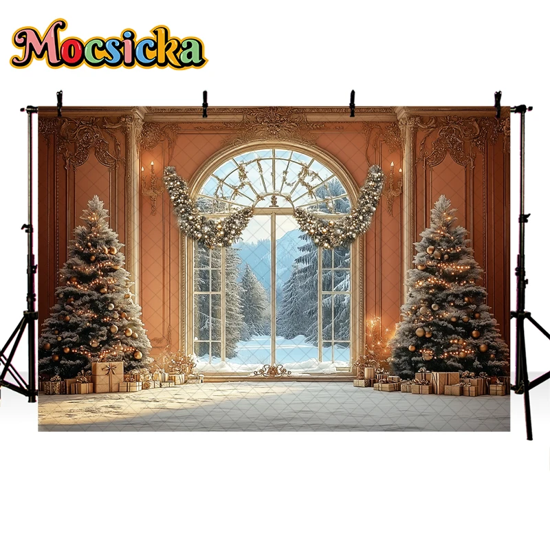Mocsicka พื้นหลังสำหรับถ่ายภาพในช่วงฤดูหนาวของตกแต่งต้นคริสต์มาสย้อนยุคของขวัญสำหรับเด็กรูปครอบครัวฉากหลังสตูดิโอถ่ายภาพ