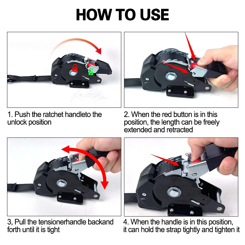 2x Single Hook Bolt-on Auto Retractable Ratchet Straps 1 Inch Tie Down Straps for Boats Jet Skis Motorcycles ATVs view 4