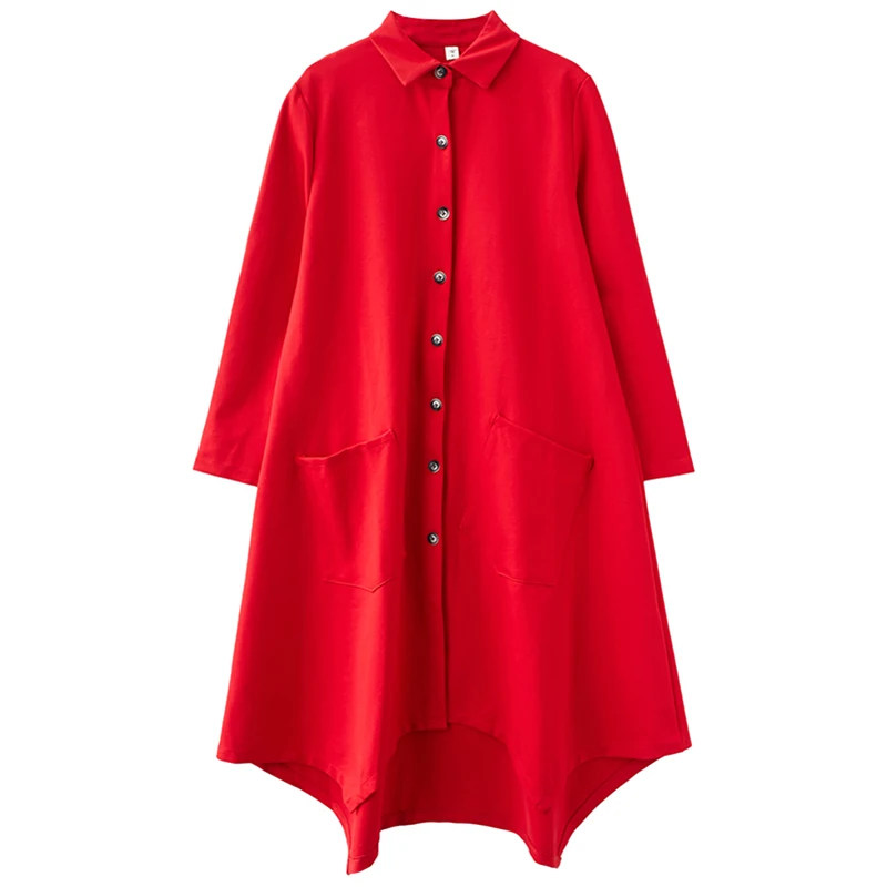 ピュアカラーAラインコットンポリエステルウィンドブレーカージャケットプラスサイズレディースロングスリーブターンダウンカラーボタン付きミッドレングスダブル...