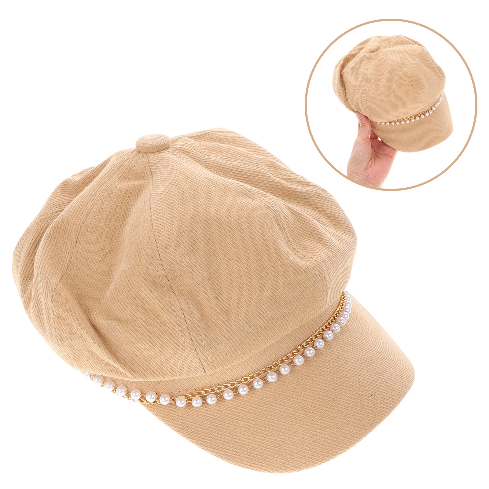 

Fake Pearl Chain Eight Sided Beret Hats for Women Spring Autumn Cotton Painters Cap 55 58cm Newsboy Cabbie Hat Style