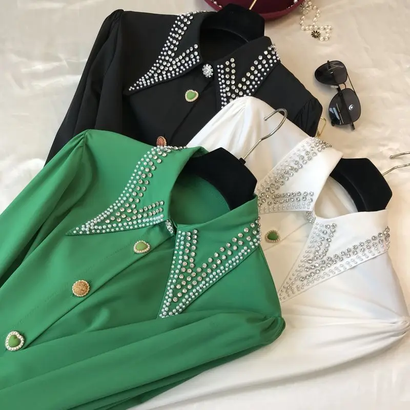 Elegant Women Rhinestone Chiffon Shirts Pearls Beaded Blouses Spring OL Blusas Diamonds Cardigan Long-Sleeved Crop Tops Blusas