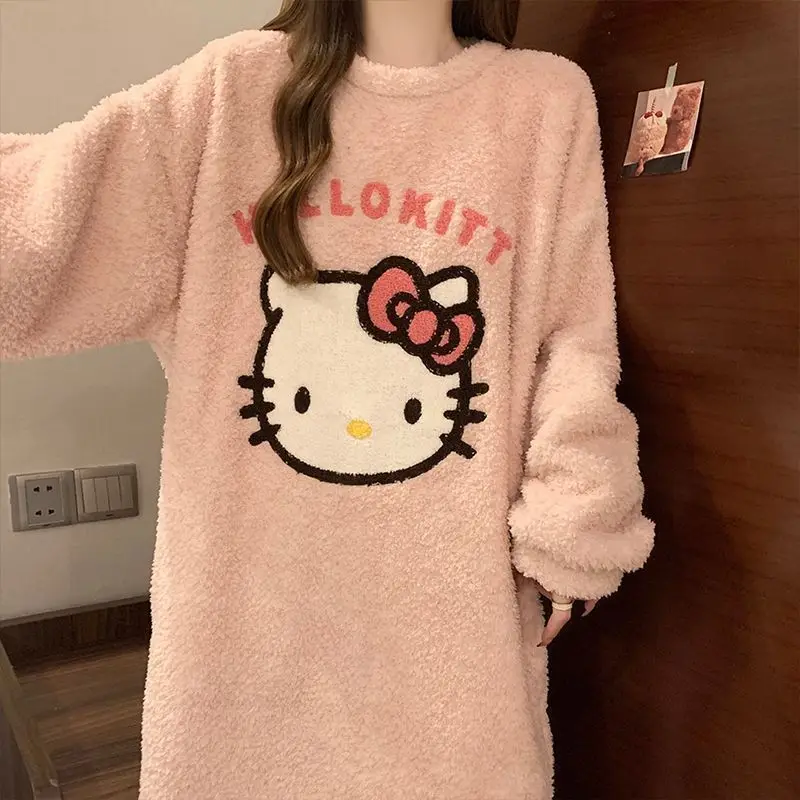 

Student Cute Kitten Loose Casual Sleeping Robe Women's Autumn Winter Cartoon Anime Thick Warm Sleeping Skirt Soft Home Clothes