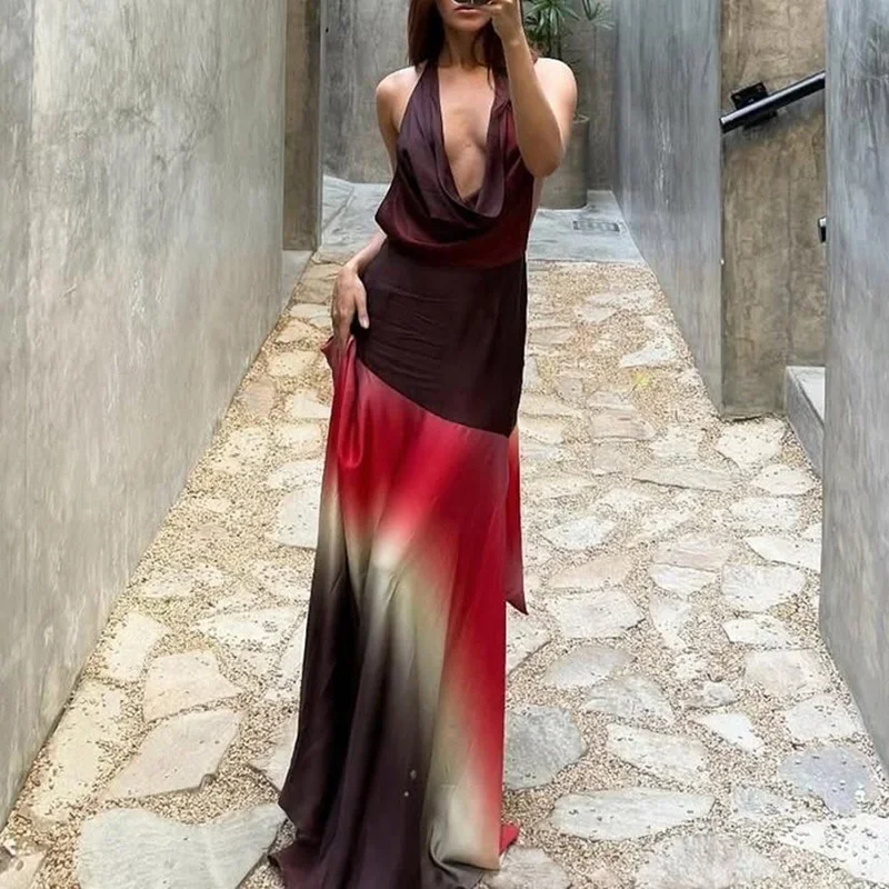 

Сексуальное длинное платье без рукавов с градиентом, элегантное плиссированное вечернее платье с распашным воротником, темпераментные платья на шнуровке с открытой спиной