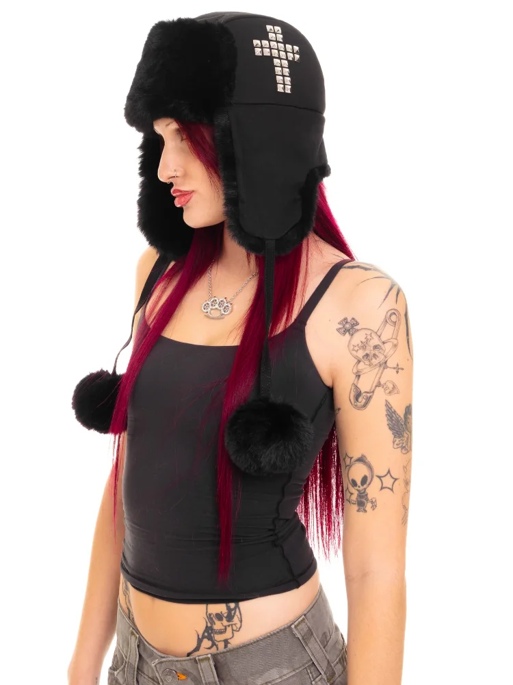 Осенне-зимняя шляпа с крестом и горячими бриллиантами, милая и теплая шляпа Лей Фэн, темное готическое украшение с волосатым шариком