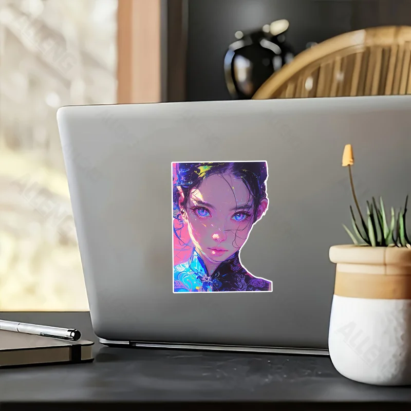 1pc 2D Flat Asian Girl Vinyl Sticker Light Effect Decal for Motorcycle Helmet Toilet Lid Bathroom Wall Decor