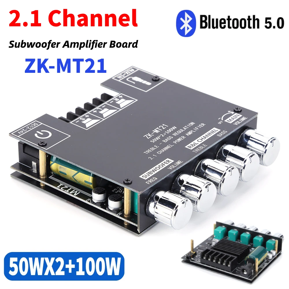 ZK-MT21 Digital Power Amplifier Board BT5.0 2.1 Channel Subwoofer Amplifier Board 2x50W+100W AUX 12V 24V Audio Stereo Bass Amp