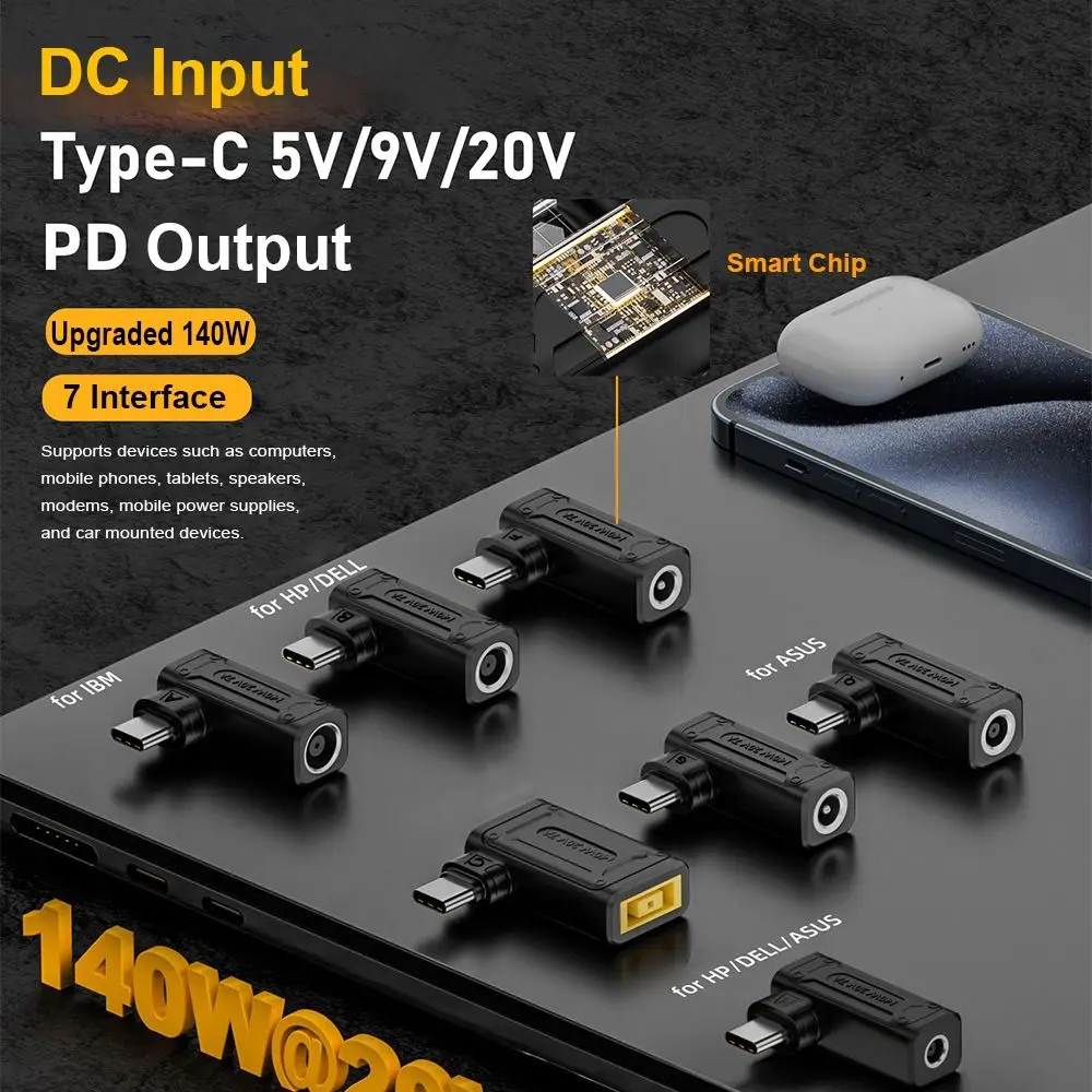 PD 140W DC to Type C Converter 5/9/20V Square Mouth Laptop Charging Plug Mobile Phone 5.5X2.5 7.4X0.6 for Lenovo/HP/Dell