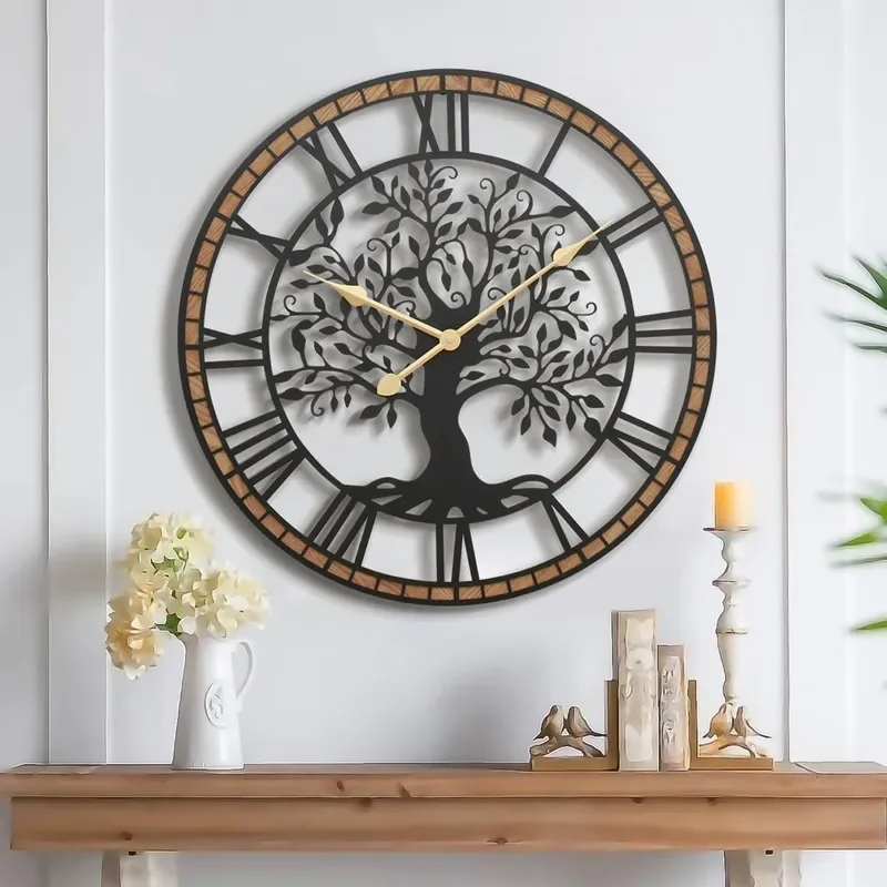 for Independent Station Tree of Life Wrought Iron Wall Clock Home Decoration Personalized Round Wall Pendant Decor