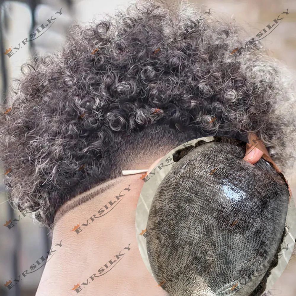 15mm Afro Curly Durable Full Skin Pu Human Hair Invisible Toupee 1B40 1B80 Grey Black Natural Hairline Mens Microskin Hairpieces