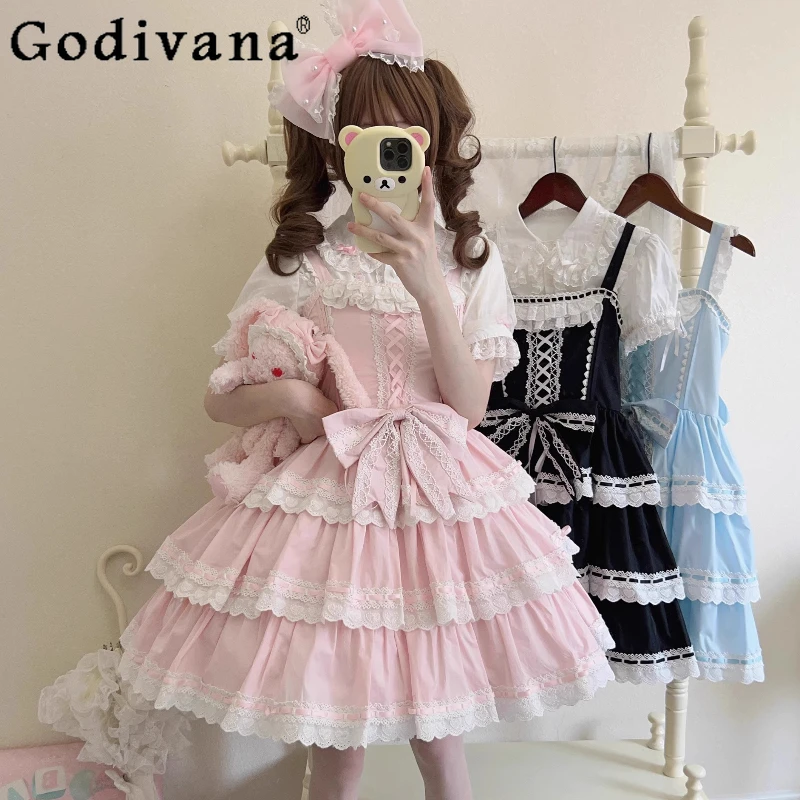 

Original Sweet Lolita Suspender Dress Jsk Autumn New Woman's Cute Bow Elegant Short Princess Birthday Dress Short Sleeve Shirt