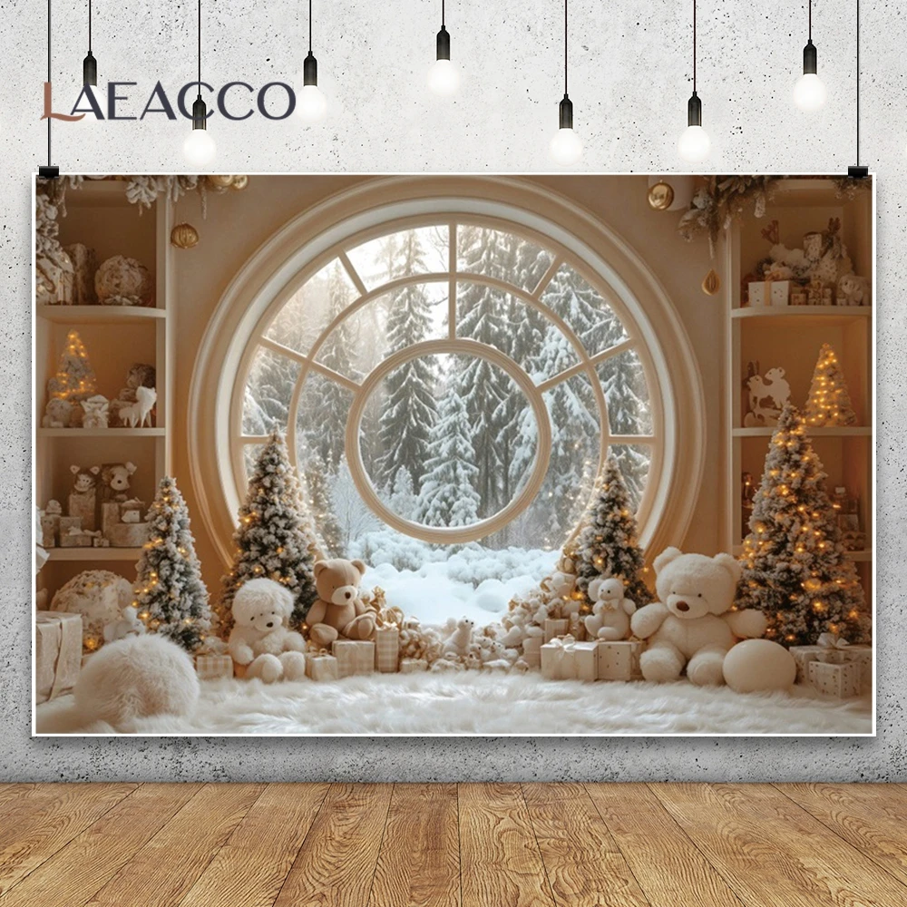 Christmas Arch Window Photography Backdrop Xmas Tree Toy Bears Gift Box Candle Living Room Decor Child Portrait Photo Background