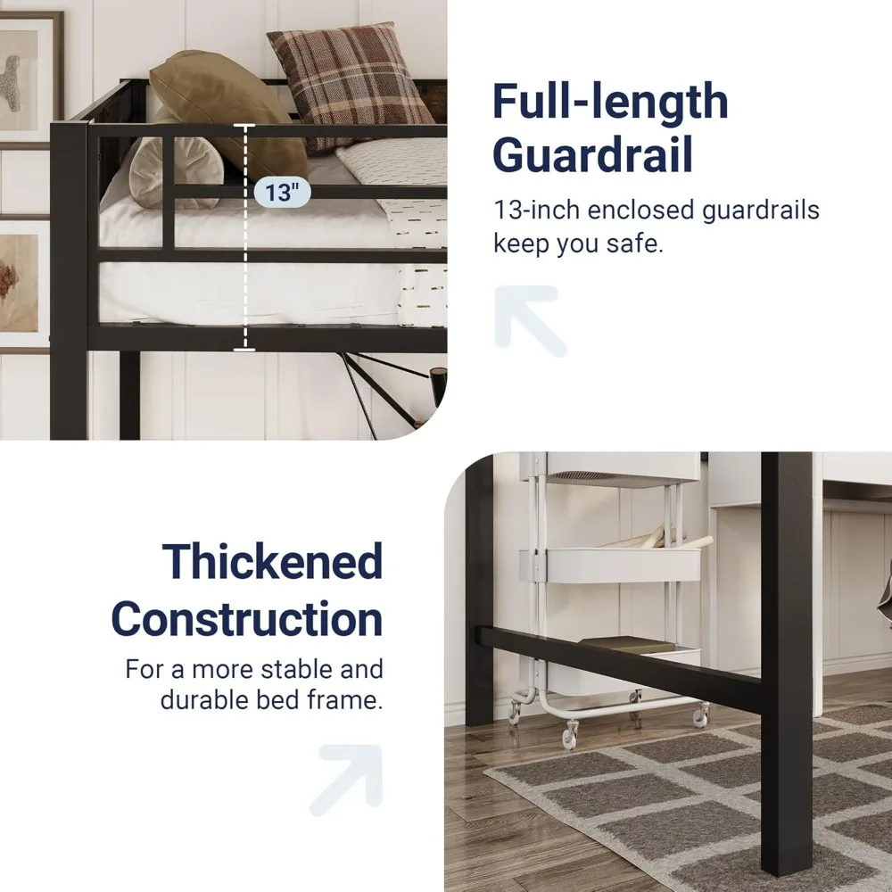 سرير علوي معدني مزدوج الحجم مع سلالم ودرابزين - أثاث موفر للمساحة لغرف النوم وغرف الأطفال والمسكن #4