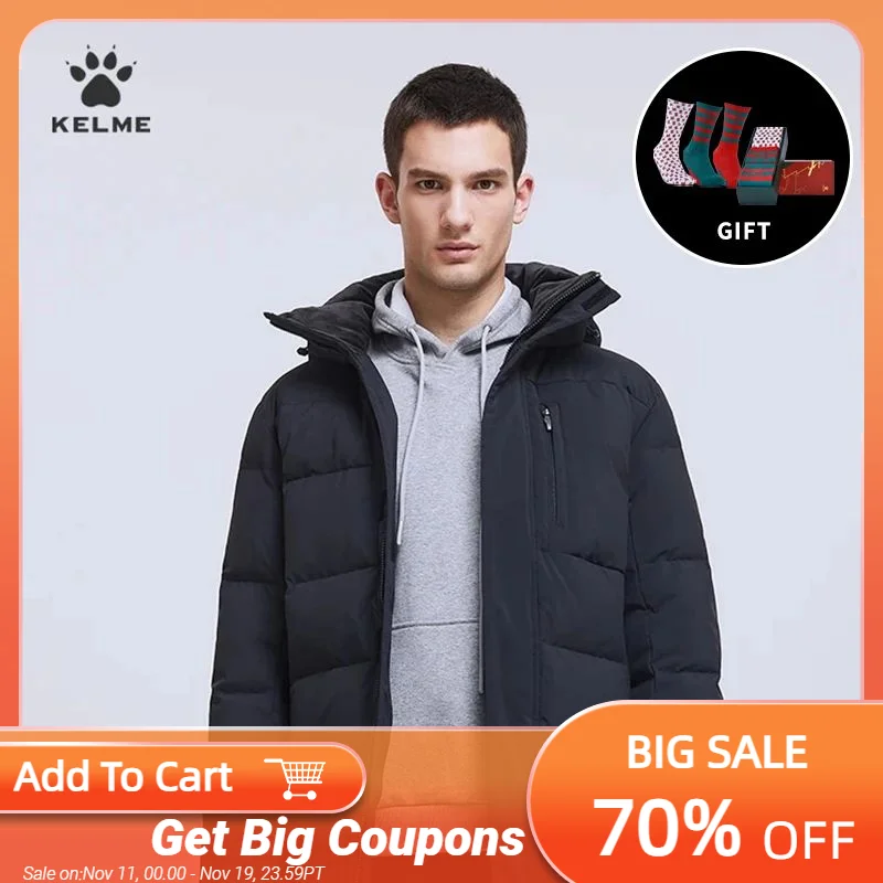 

Мужская спортивная куртка-пуховик KELME, Повседневная теплая куртка средней длины с капюшоном, 8161YR1002