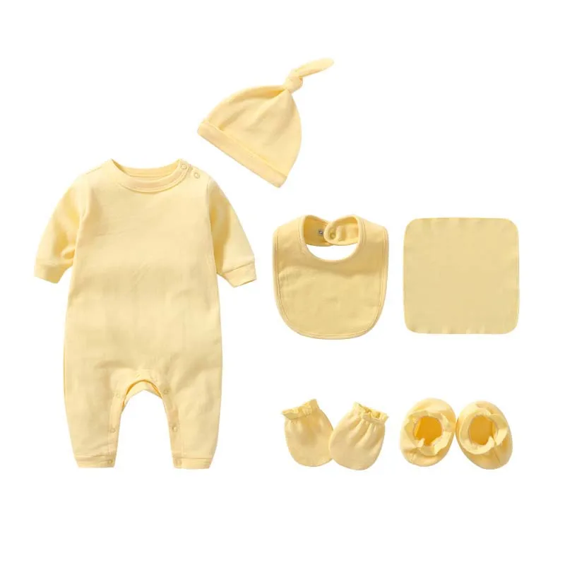 Newborn Baby Clothing 0 To 3 Months Jumpsuit Sets Solid Color Romper Hat Bib Towel Gloves Accessory Suits Baby Boy Girls Outfits