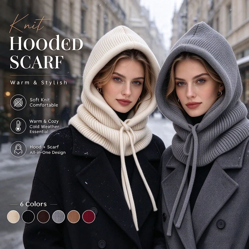 Knitted Hooded Caps Women Men Winter Neck Cover Balaclava Hats Outdoor Warm Woolen Drawstring Caps One-piece Neck Collar Beanies