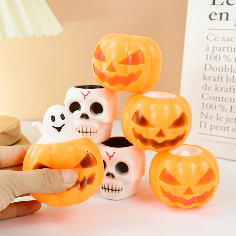 Halloween Pumpkin Ghost Skull Headed Bat Pinching Music Venting Decompression Toy TPR Squeeze Bouncy Ball Halloween Party Gifts