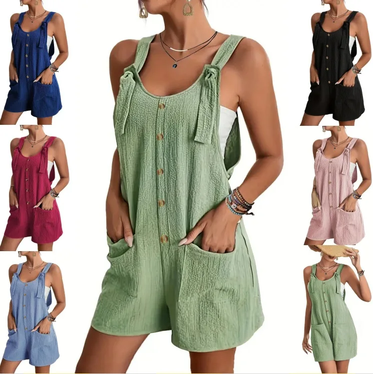 Women's Clothing Summer Casual Strap Shorts Jumpsuit Pants Playsuit High Waist Sleeveless Solid Color Pockets