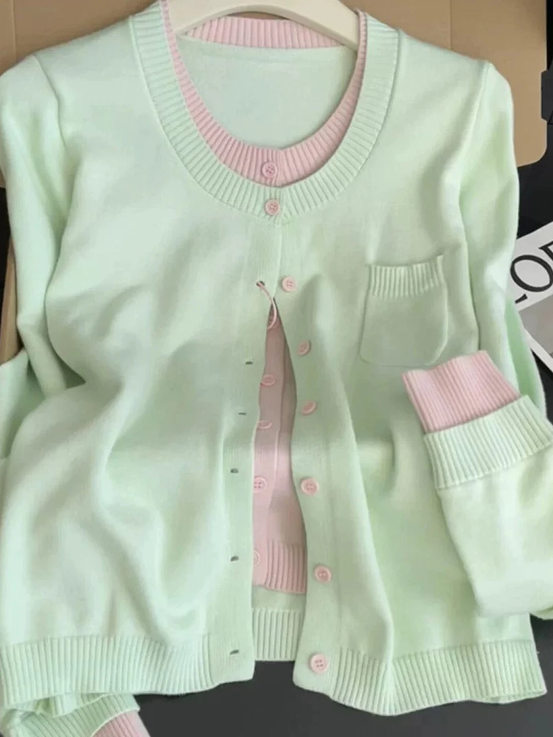 2026 New Dopaamine Color Block Long Sleeve Knitted Cardigan Women's Autumn Winter Design Slimming Top with Pocket Casual Style