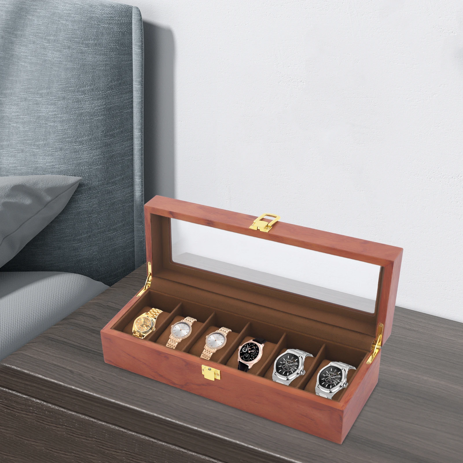 Six-Compartment Watch Box with a Practical Clasp, Each Compartment Is Lined with High-Quality Velvet Suitable for Storing Watches and Other Jewelry