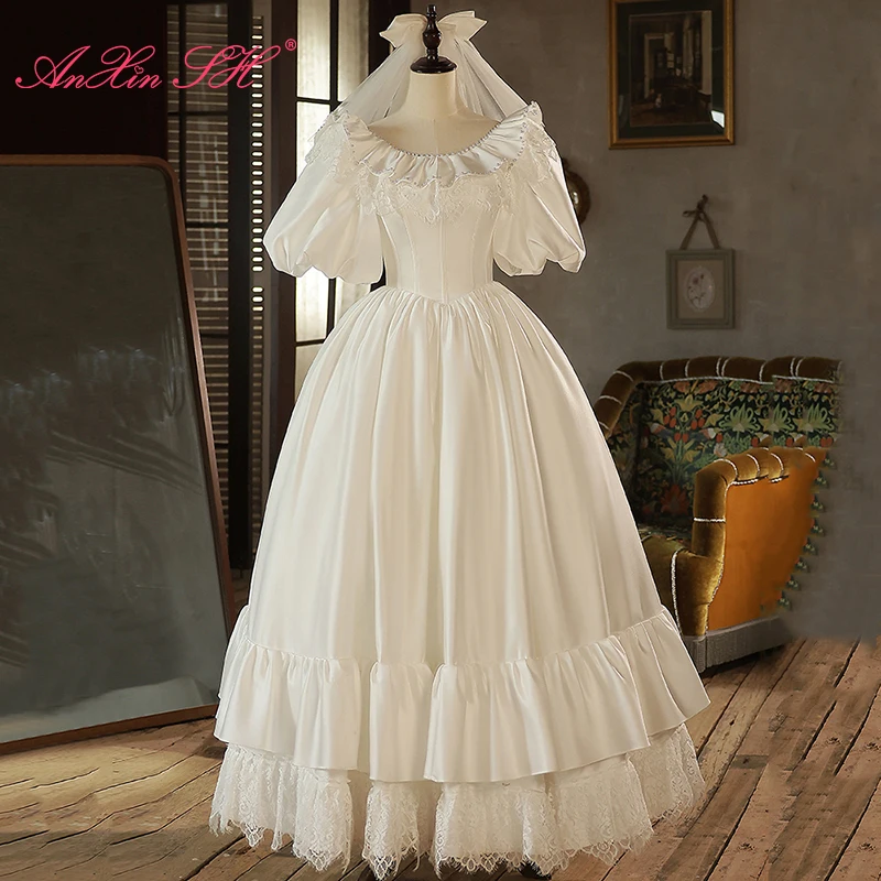 AnXin SH princess flower lace satin white o neck ruffles beading pearls puff sleeve ball gown lace up customized evening dress