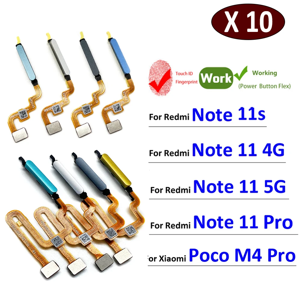 10Pcs, Fingerprint Sensor Home Return Key Menu Button Flex Cable For Xiaomi Poco M4 Pro / Redmi Note 11S 11 Pro 4G 5G