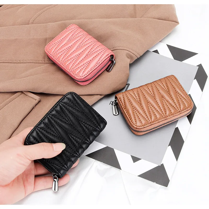 Fashion Women's Card Bag Genuine Sheepskin Leather Designer Wrinkle Credit Cards Holder Coins Organizer Wallet Women Coin Purse