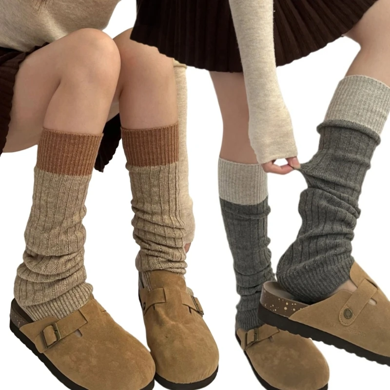 

Womens Winter Fall Colorblock Ribbed Knit Knee High Leg Warmers Long Boot Socks