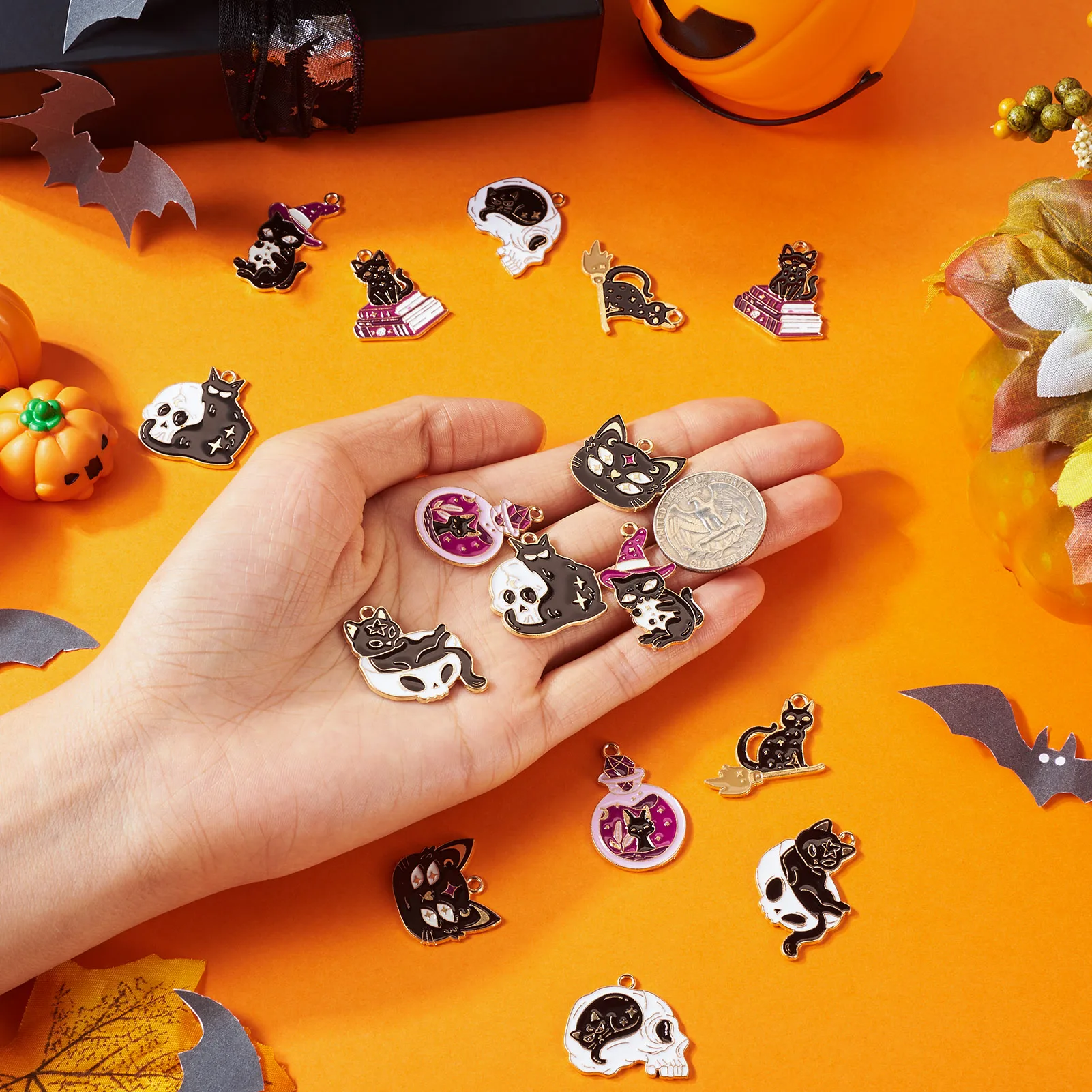 16Pcs Halloween Alloy Enaml Pendants Golden Magic Cat Charm Mixed Color for DIY Jewelry Necklace Bracelet Earring Key Chain