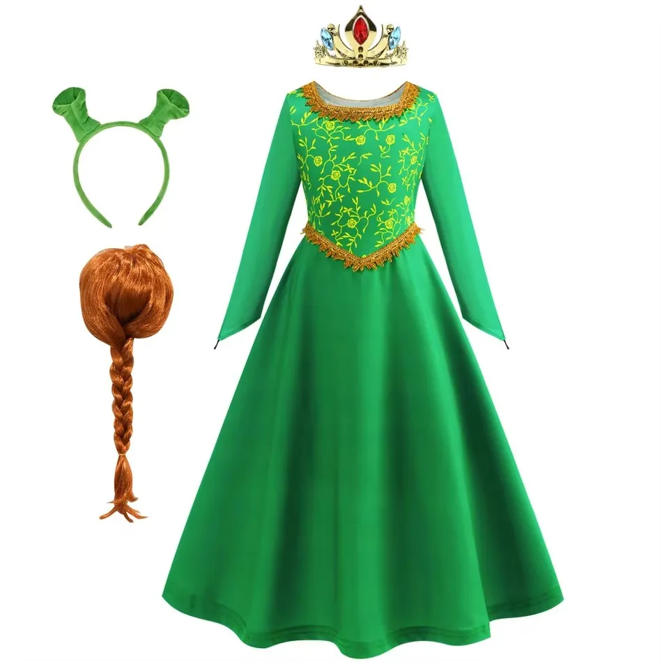 Fiona Kostüm Mädchen Halloween Shrek Cosplay Fantasy Dress Up Grüne Prinzessin Kostüm Elegantes Kleid Kinder Langarm Print Kleider