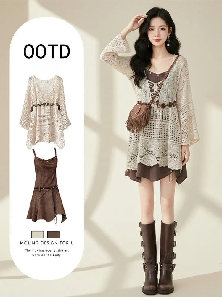 

Summer Travel Women's Design Sense Hollow out Cover up Short Skirt Two Piece Set Casual Style Long Sleeve round Neck Knitwear