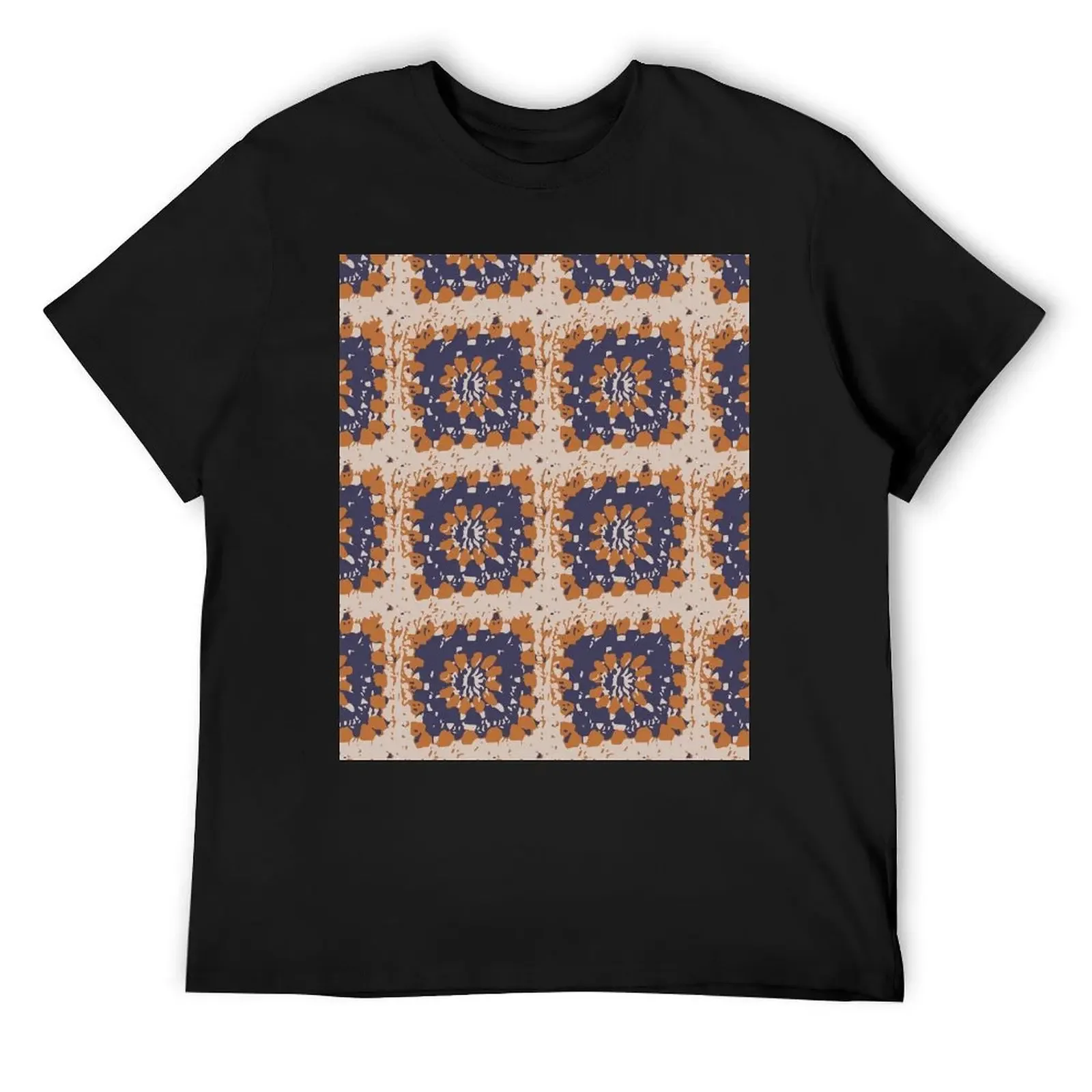 Granny Square Quadrados de Crochê quadrado da vovó. laranja e azul T-Shirt anime t shirts Short sleeve tee men