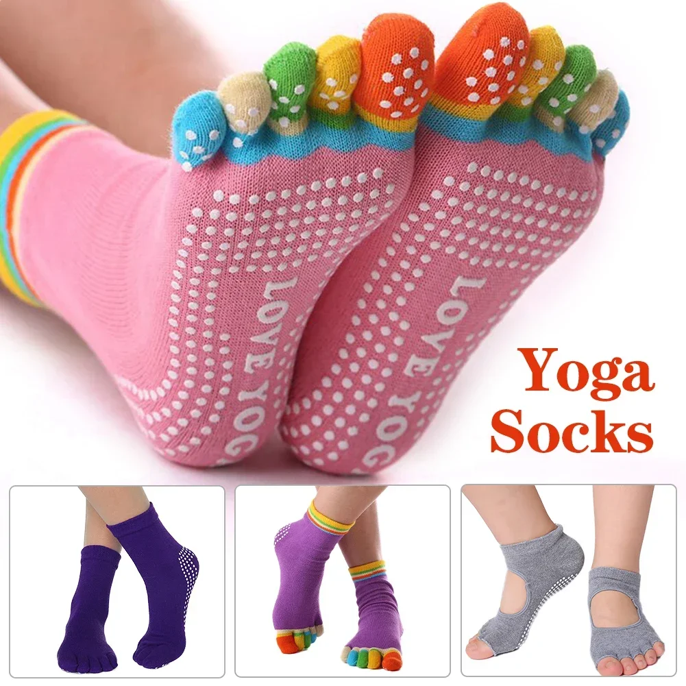 Pilates Women Sports Yoga Socks Hot Fitness Cotton Socks Rainbow Workout Anti Slip Toe Socks Breathable Purple Gym al yoga