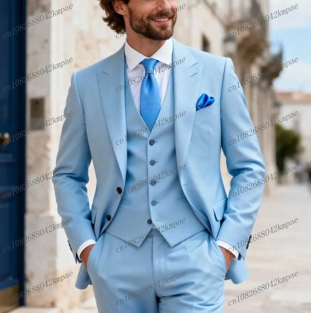 

Sky Blue Men Suits Formal Groom Groomsman Wedding Party Prom Business Male Tuxedos Customize 3 Piece Set Blazer Vest Pants