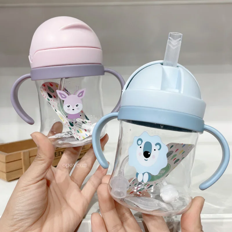 250ml New Cartoon Animal Baby Kids Water Sippy Cup Double Handle Drinking Water Bottle Gravity Ball Straw Baby Children\'s Cups