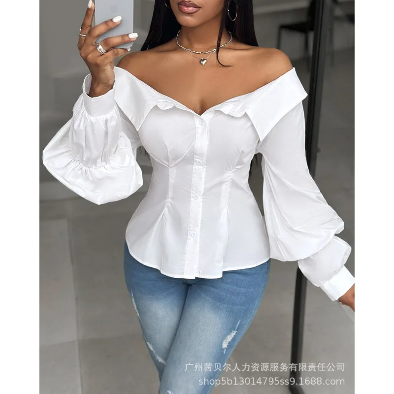 2024 Spring Summer New Women\'s Solid Color off-Shoulder Lantern Sleeve Single-Breasted Shirt Blouse