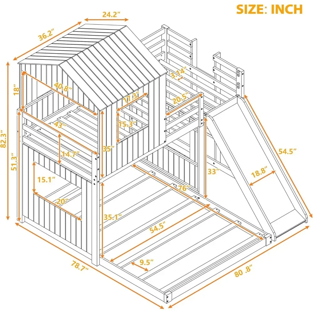 House with double loft bed with slide, wooden bunk bed with roof, guardrail, suitable for children, no need for a box spring