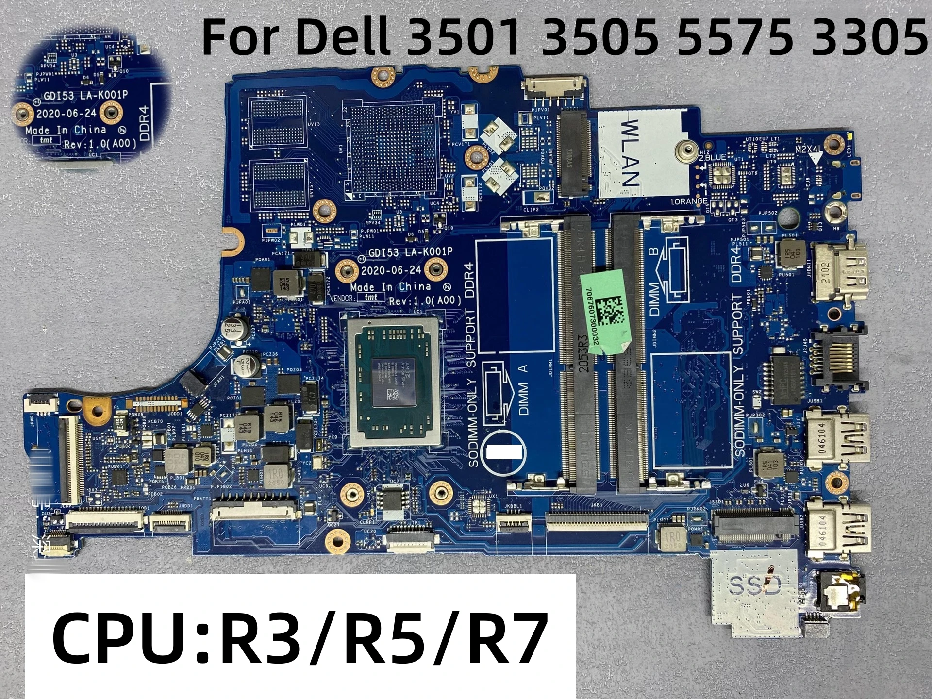 Original For Dell 3501 3505 5575 3305 Notebook Mainboard LA-K001P 05HPX6 0P92W5 00VPNP 05HPX6 YM3050 YM3450 Laptop Motherboard