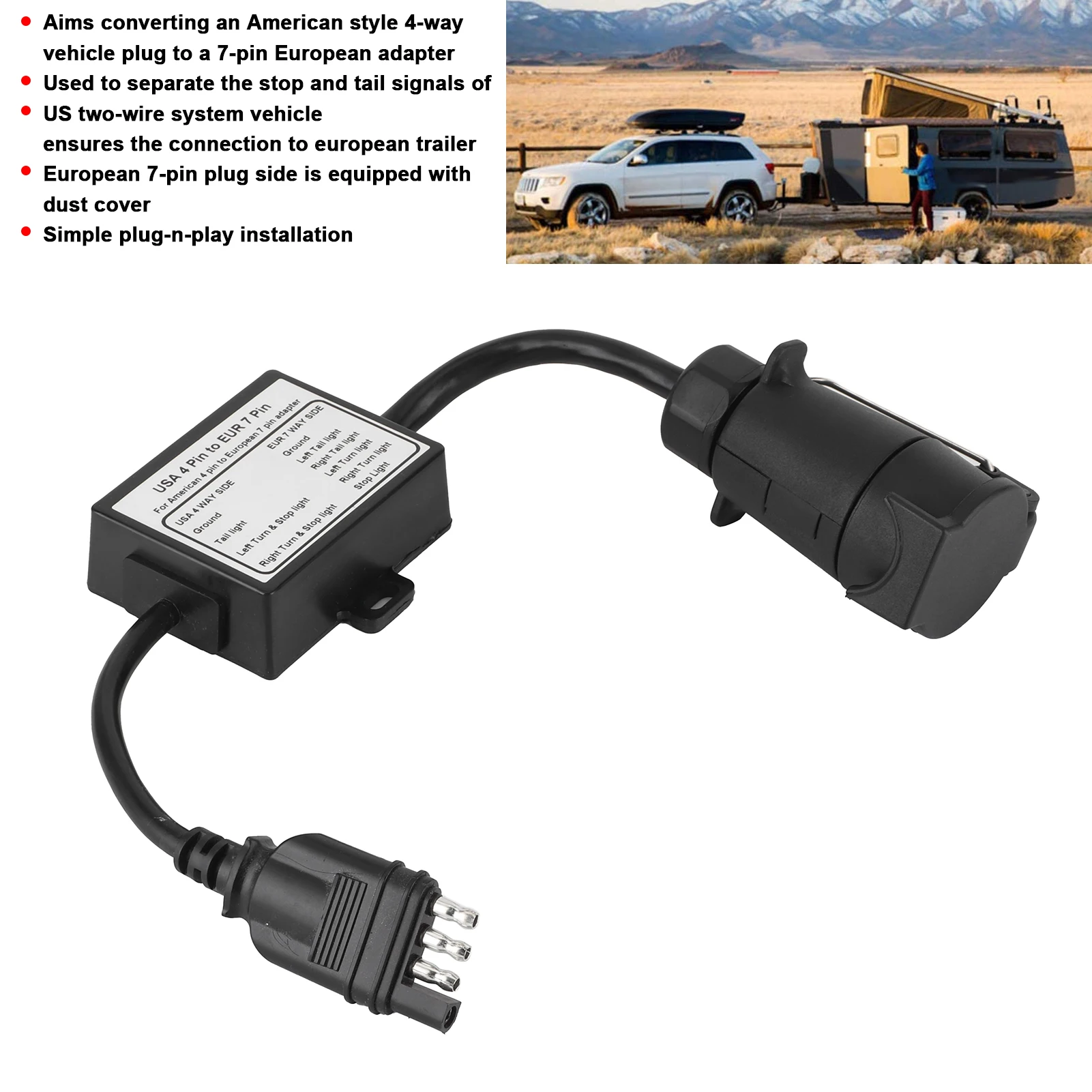 Trailer Connector Light Converter USA 4 Pin to EUR 7 Pin Adapter Stop/Brake  Separating Trailer Plug Connector