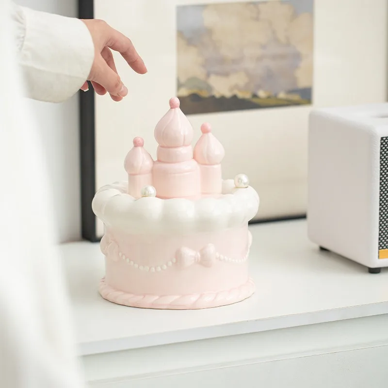 Modern Pink Castle Cake Ceramic Storage Jar Cute Home Jewelry Box Cake Shape Candy Biscuit Jar Desktop Ornament Home Decoration