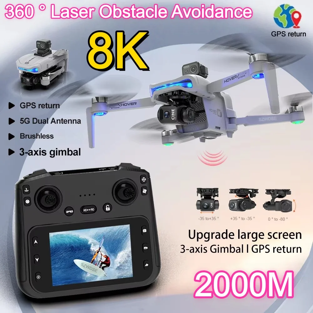 Dual Mode GPS RC Drone 2KM Three-Axis Gimbal Drone 8K HD Dual Cameras GPS Positioning Obstacle Avoidance Brushless Quadcopter