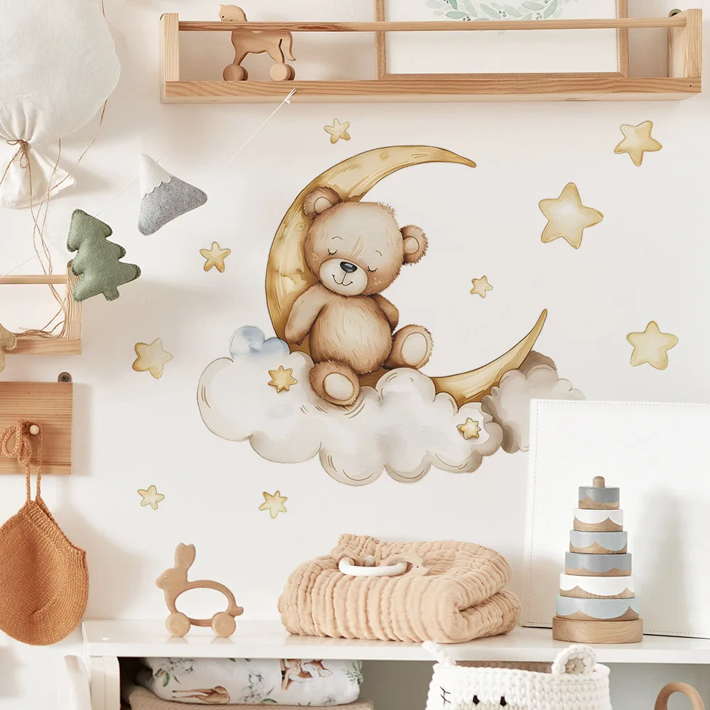 Cute Bear Moon Star Wall Stickers for Kids Rooms Girls Boys Baby Room Decoration Kawaii Cartoon Animal Nursery Wallpaper Vinyl