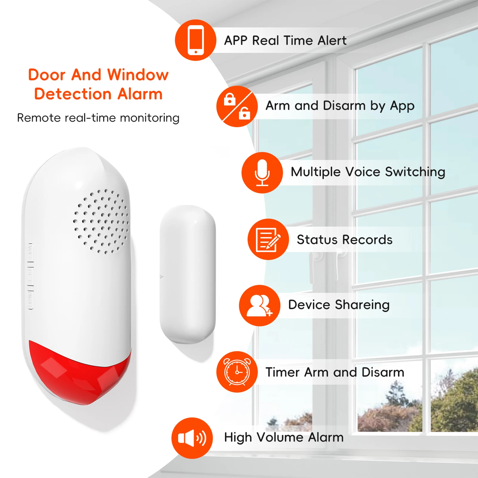 Door Window Alarm Home Security Wireless Magnetic Sensor Anti-Theft Alarm Sound and Light Smart Voice Tuya APP Control