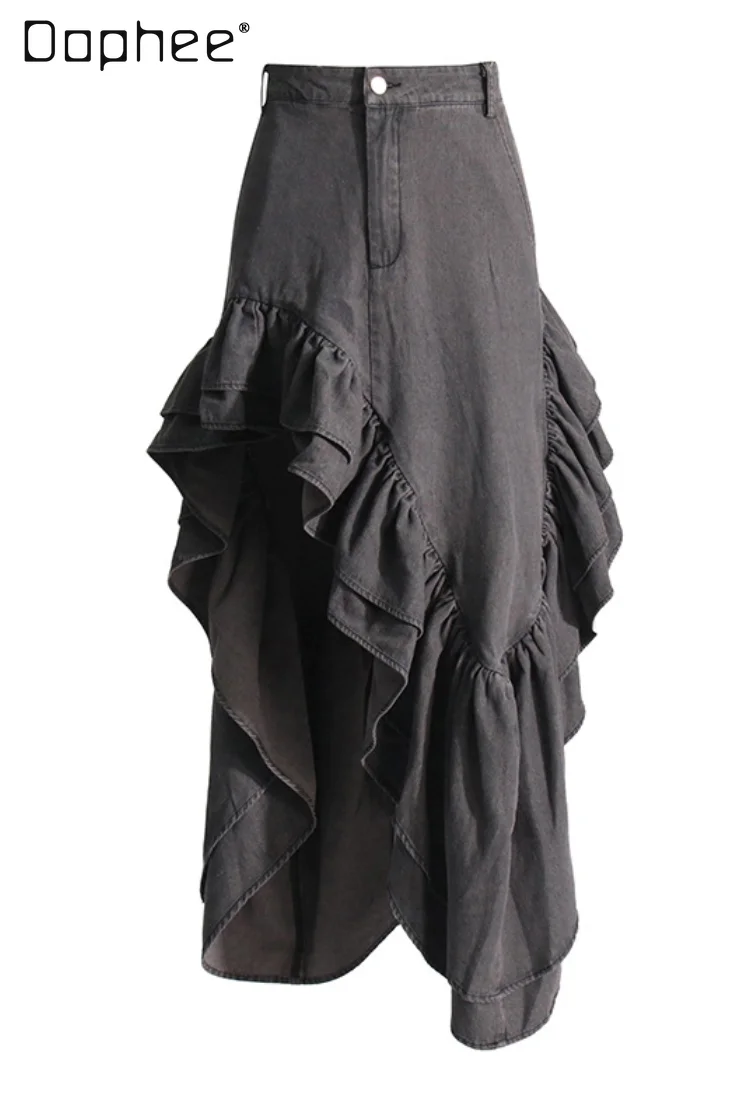 Irregular Ruffle Denim Skirts Gray High Waist Pocket Casual Midi Skirt Women 2024 Summer Fashion Vintage Jeans Skirts