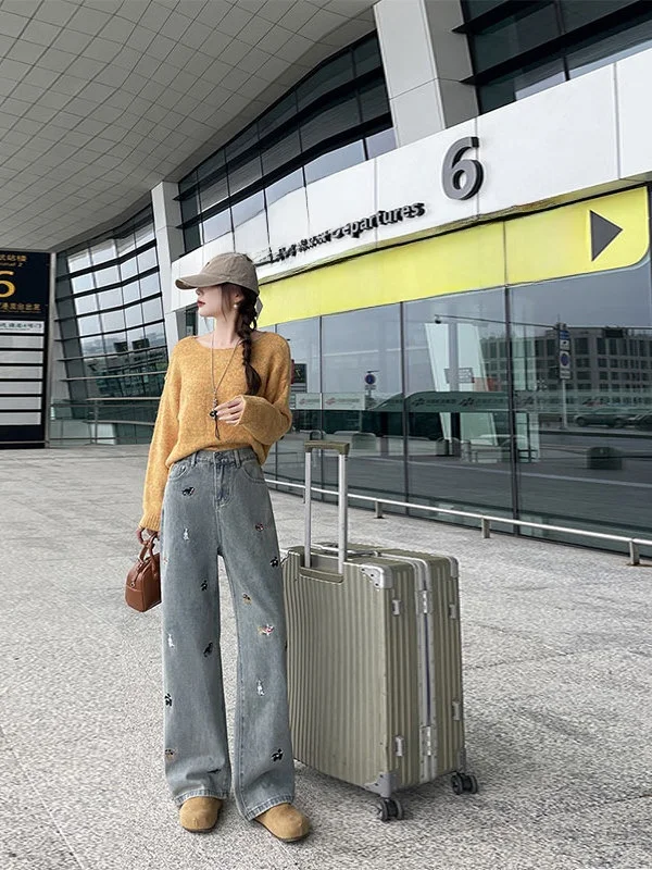 

American High Street Sle Embroidered Straight Leg Jeans Women's Autumn Winter New Design Wide Leg Floor-Length Trendy Pants