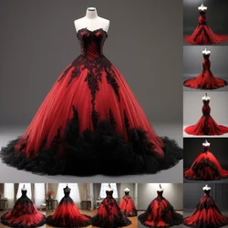 Neues rotes und schwarzes Spitzenrand-Applikations-trägerloses Ballkleid-Meerjungfrau-Abendkleid in voller Länge für formelle Anlässe, maßgeschneidert W3-2