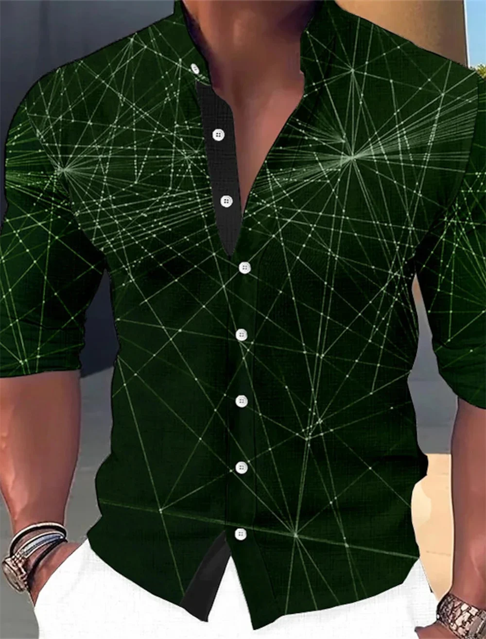 Men's geometric pattern printed long sleeved shirt stand up collar green gray outdoor fashion street clothing designer casual