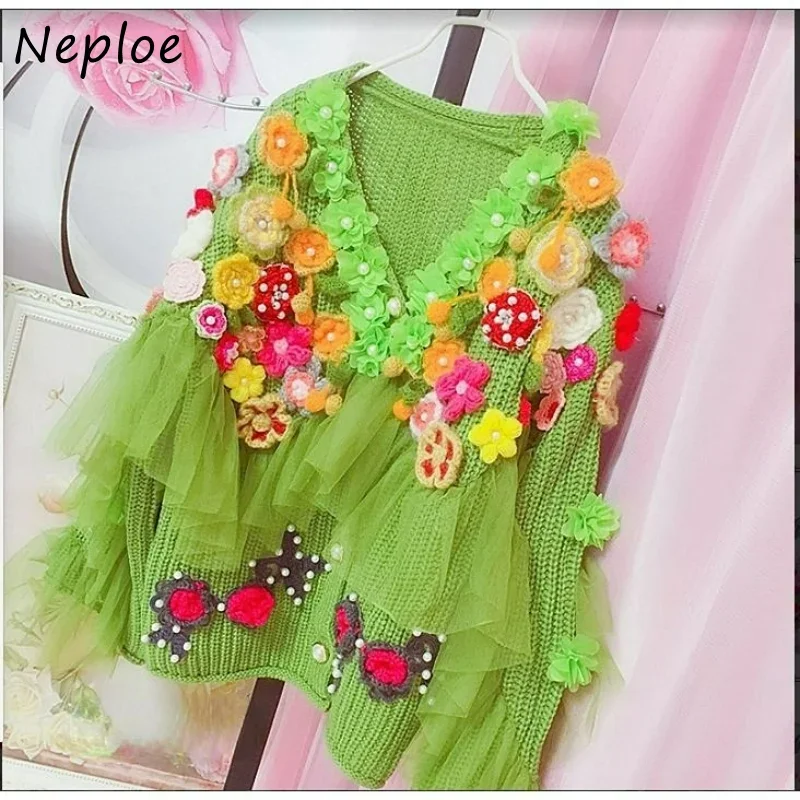 Neploe V Neck Beading Stereo Flower Outerwear  Autumn Vintage Sweater Jacket Solid Color Long Sleeve Single-breasted Cardigans