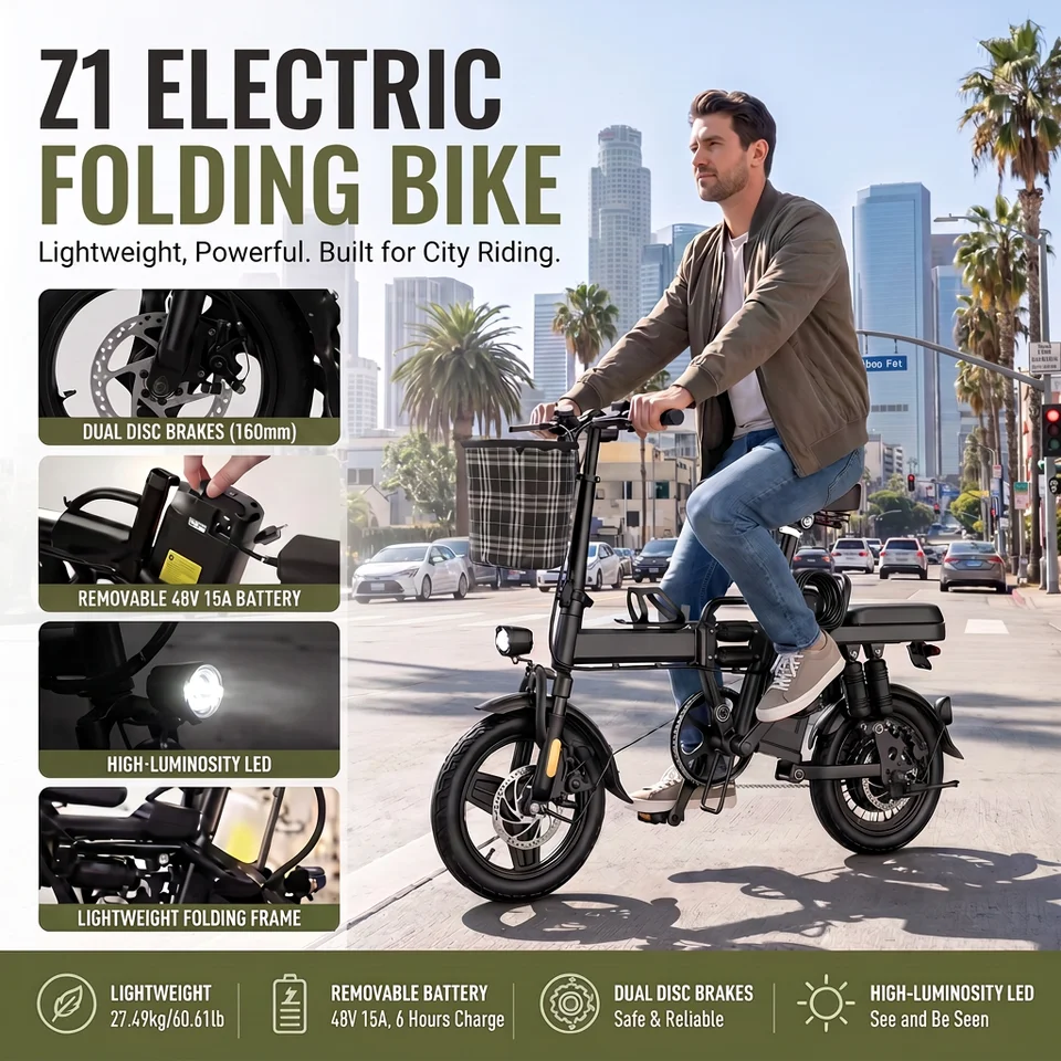 Z1 500W Folding Electric Bike 48V 15Ah Removable Lithium Battery 14 Inch Dual Shock Absorbing E-bike Dual Disc Brake Max 60KM Range Foldable Electric Bicycle for Adult Commuter image 4