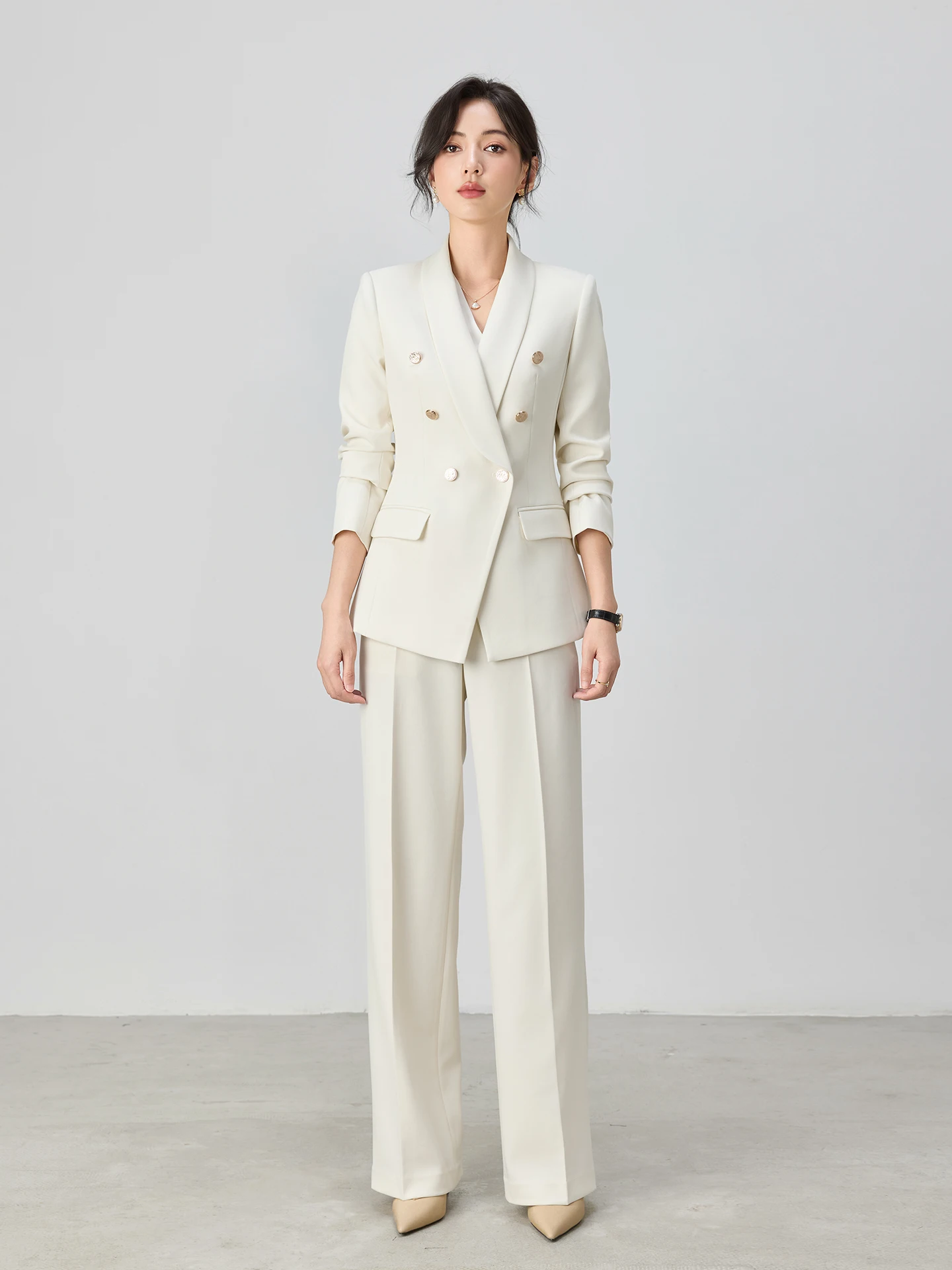 

Spring Autumn New Sle High-End Feeling Olive een Collar Milk White Profional Suit Set Women Interview Host Busin We...