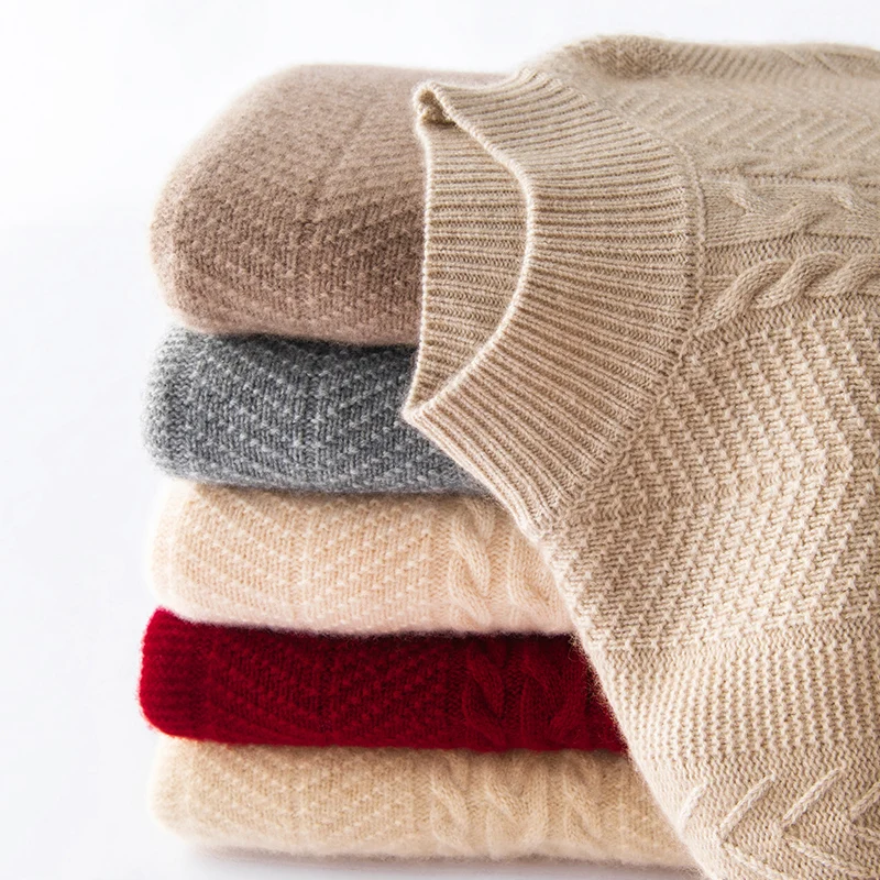 

Осень/зима, новый женский толстый свитер из 100% кашемира, повседневные однотонные вязаные топы, свободная толстовка с высоким воротником, теплый джемпер